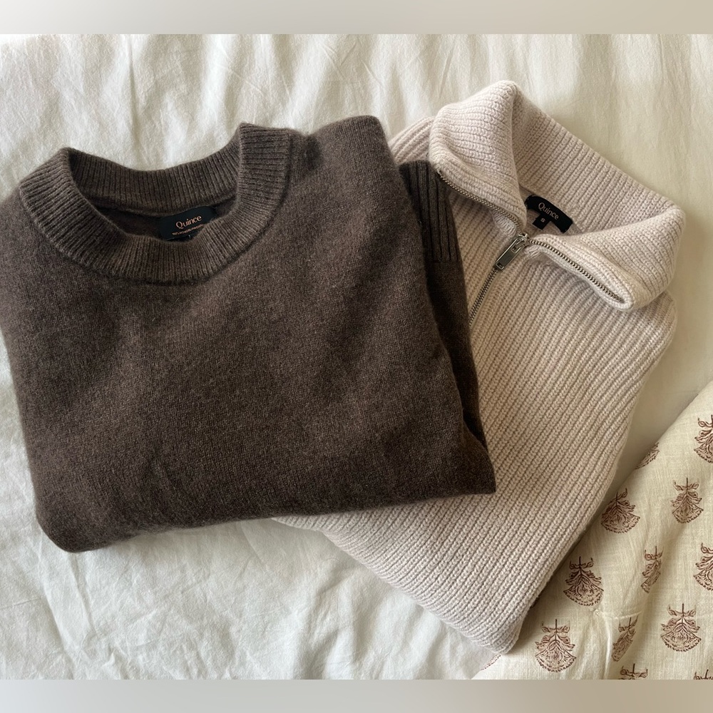 Quince Cashmere Oversized Boyfriend Sweater and Merino Wool Half Zip Bundle